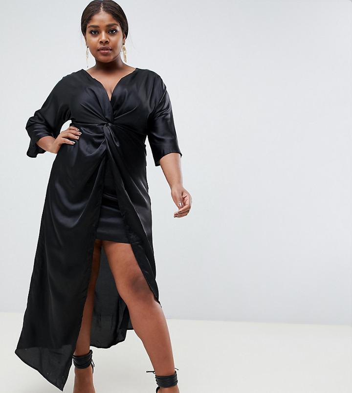 In The Style Plus Satin Knot Front Dress - Black