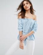 Noisy May Off Shoulder Tie Front Chambray Top - Blue