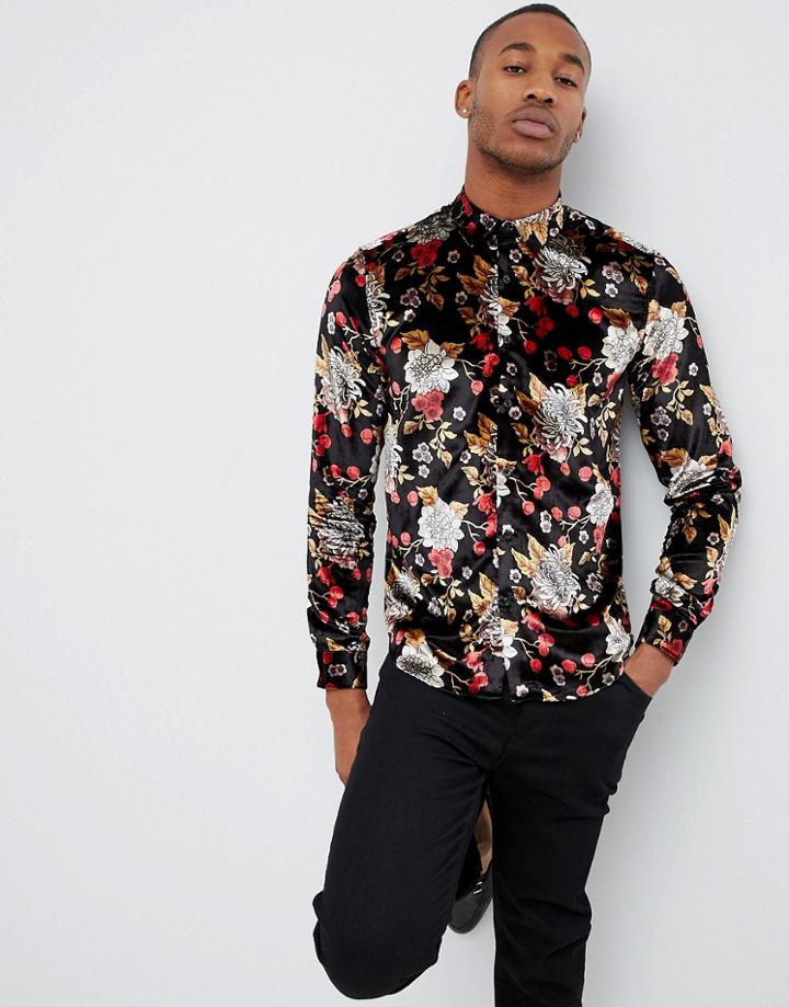 Asos Design Party Regular Fit Velvet Floral Shirt In Black - Black