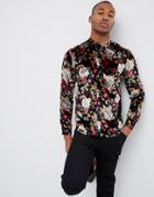 Asos Design Party Regular Fit Velvet Floral Shirt In Black - Black