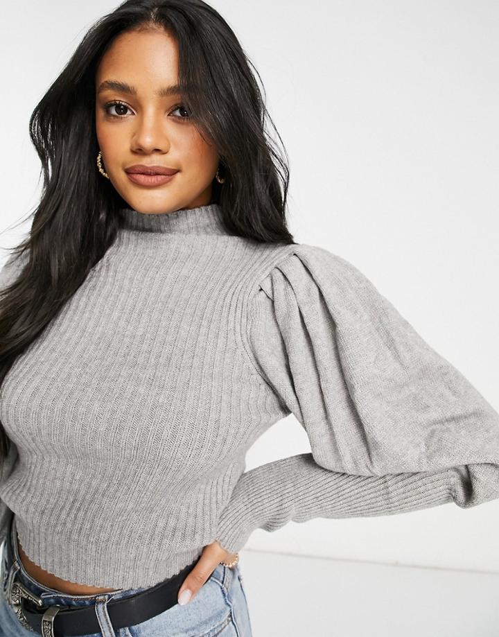 Parisian Puff Sleeve High Neck Ribbed Sweater In Gray-grey