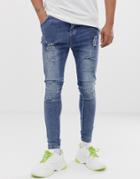 Siksilk Skinny Jeans In Washed Blue With Distressing - Blue