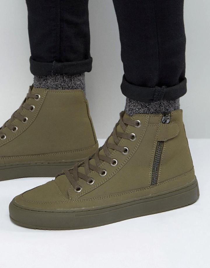 Asos High Top Sneakers In Khaki With Zip - Green