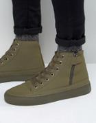Asos High Top Sneakers In Khaki With Zip - Green
