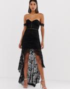 Love Triangle Sweetheart Lace Maxi Dress With Dip Hem In Black - Black