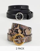 Asos Design 2 Pack Snake Print Circle Buckle Waist And Hip Belts - Multi
