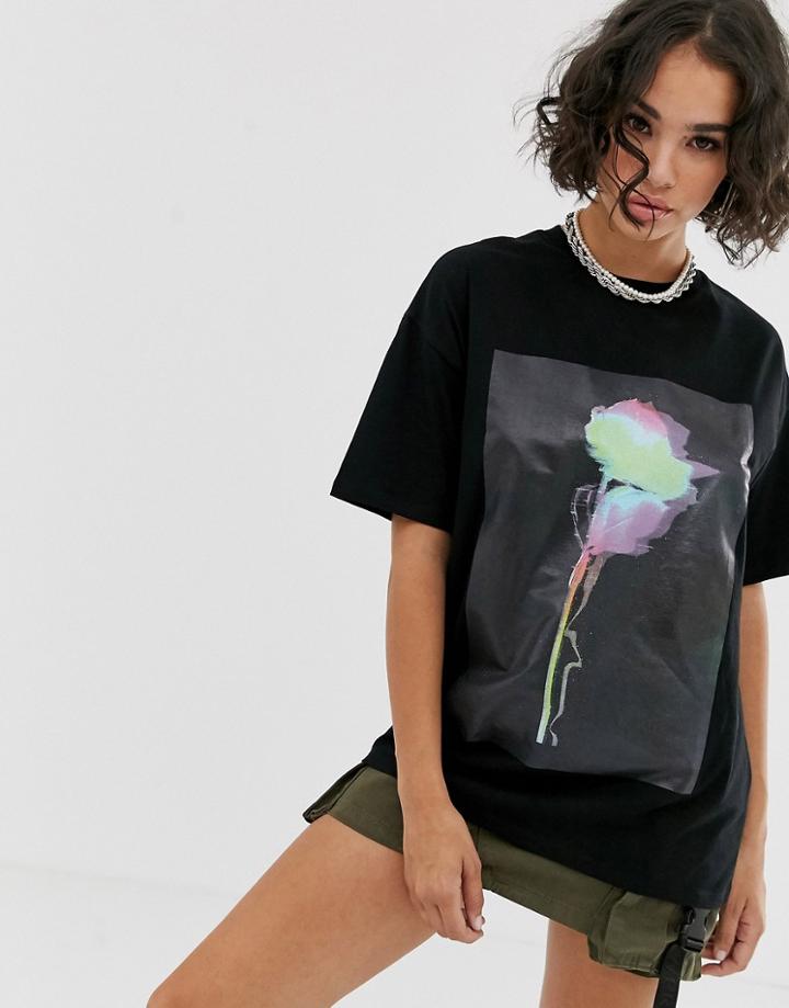 Asos Design Oversized T-shirt With Photographic Rose Gloss Print - Black