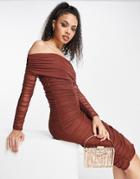 Femme Luxe Mesh Off-the-shoulder Ruched Midi Dress In Chocolate-brown