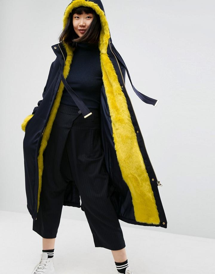 Asos White Faux Fur Lined Oversized Satin Parka - Green