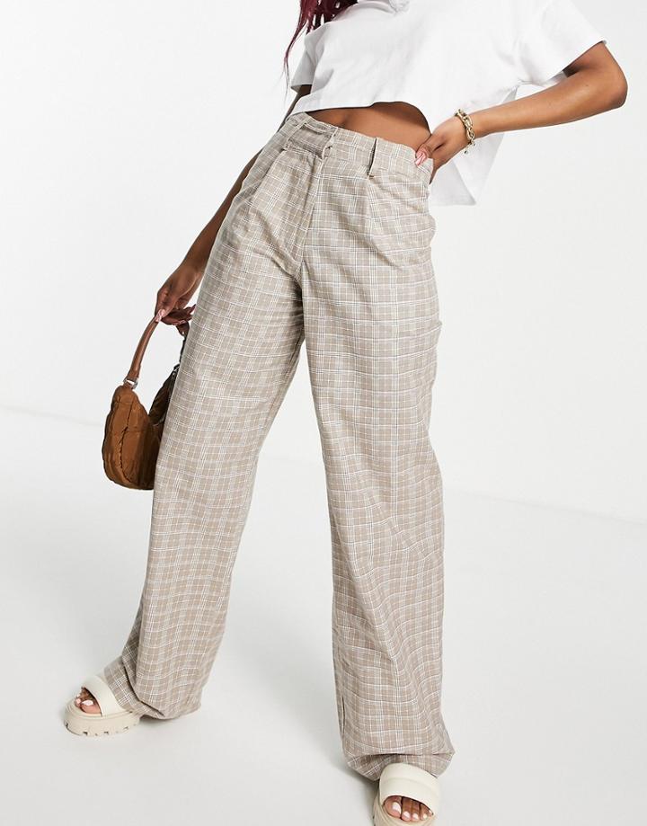 Motel High Waisted Wide Leg Pants In Check - Part Of A Set-neutral