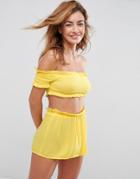 Asos Off Shoulder Shirred Beach Crop Top Co-ord - Yellow
