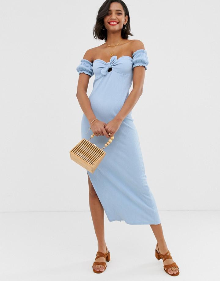 Asos Design Off Shoulder Crinkle Maxi Sundress With Puff Sleeve - Blue