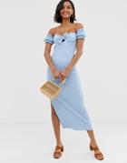 Asos Design Off Shoulder Crinkle Maxi Sundress With Puff Sleeve - Blue