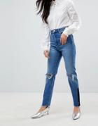 Asos Farleigh High Waist Slim Mom Jeans With Knee Rips And Hook & Eye Leg Detail - Blue