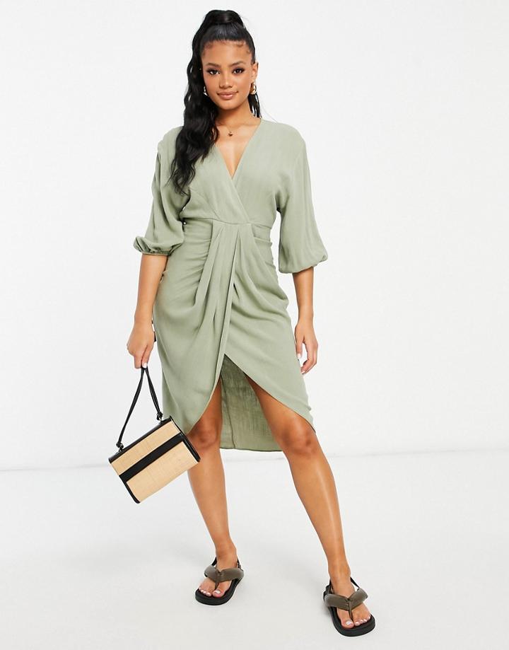 Asos Design Drape Detail Midi Dress With Gauge Waist And Cuffs In Khaki-green