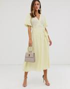 Asos Design Puff Sleeve Wrap Midi Skater Dress In Dobby Spot-yellow