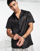 Topman Sheer Stripe Extreme Deep Camp Collar Shirt In Black