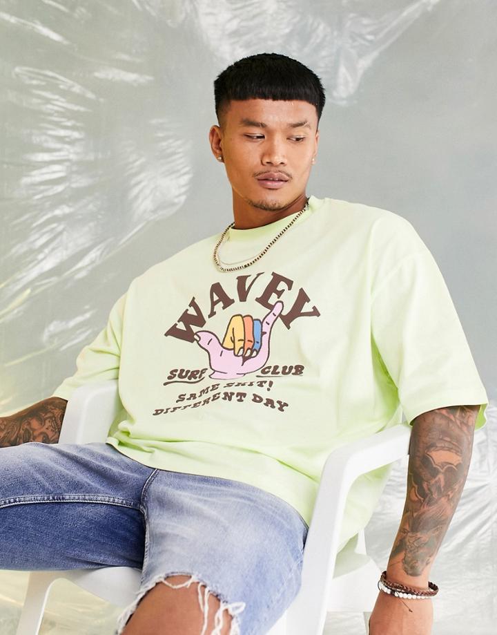 Asos Design Oversized T-shirt In Light Green With Wavey Chest Print