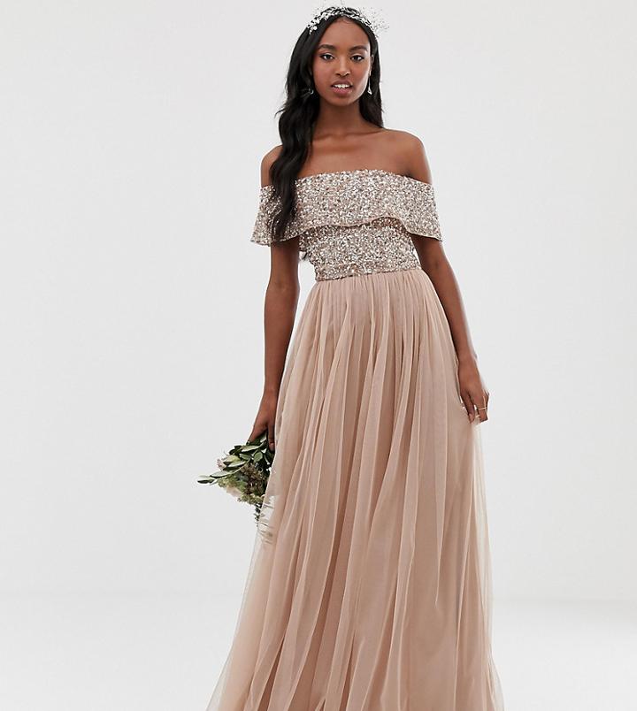 Maya Tall Bridesmaid Bardot Maxi Tulle Dress With Tonal Delicate Sequins In Taupe Blush-brown