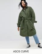 Asos Curve Cotton Jacket With Tie Waist - Green