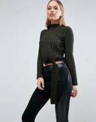 Asos Crop Sweater In Rib With Turtleneck And Tie - Green