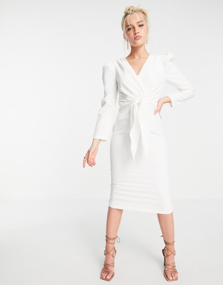 Little Mistress Puff Shoulder Tie Front Detail Midi Dress In Cream-white