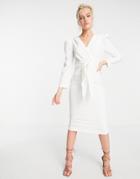 Little Mistress Puff Shoulder Tie Front Detail Midi Dress In Cream-white