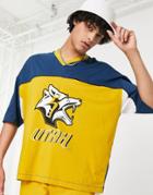 Asos Design Oversized T-shirt In Yellow And Navy Color Block With V-neck And Utah City Print