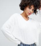 Missguided Fluffy Ribbed V Neck Sweater In White - White