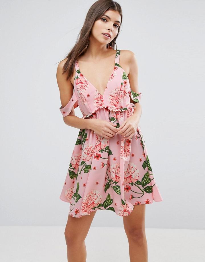 Asos Pretty Floral Cold Shoulder Smock Mini Dress - Pink