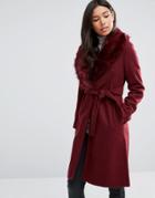 Qed London Belted Coat With Faux Fur Trim - Red