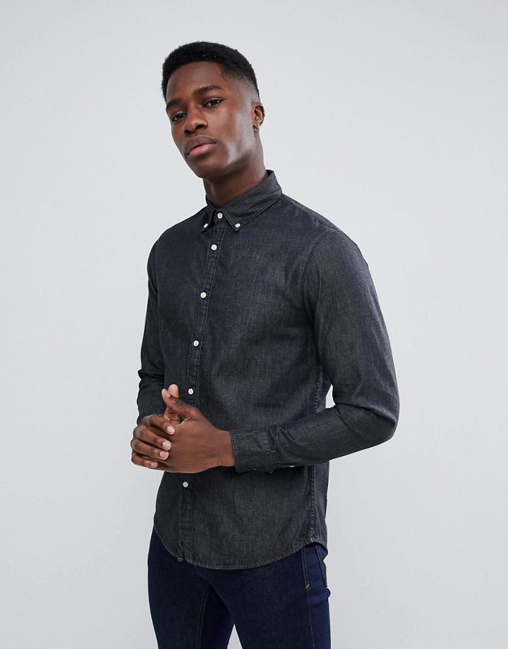 Stradivarius Denim Shirt In Black - Black