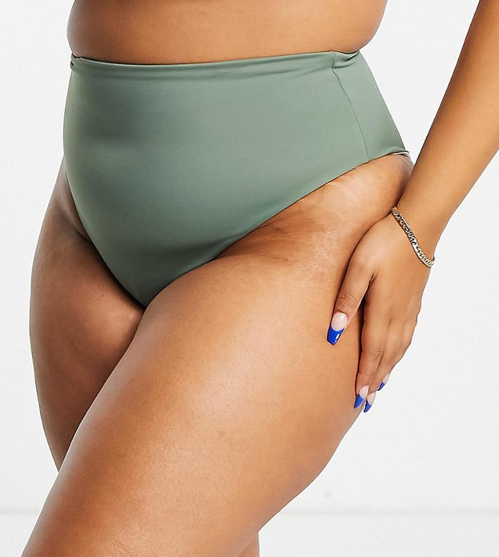 Asos Design Curve High Waist Bikini Bottom In Khaki-green