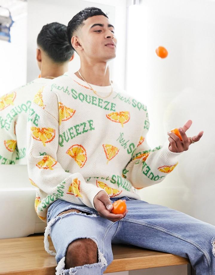 Jack & Jones Originals Jacquard Sweater With Orange Print In White