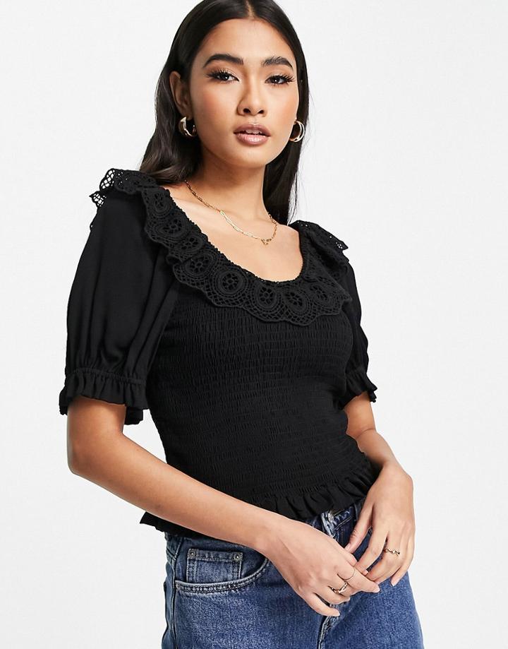 Whistles Crochet Detail Smocked Top In Black