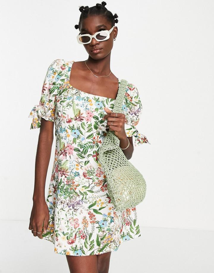 & Other Stories Tie Sleeve Mini Dress In Botanical Floral Print-multi