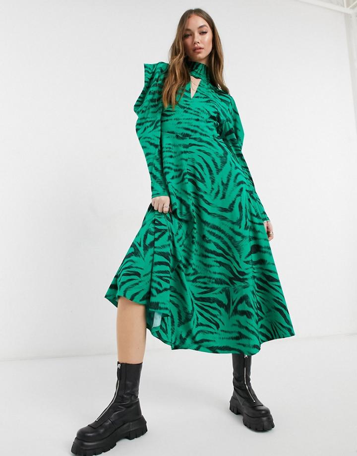 Topshop Zebra Print Key-hole Detail Midi Dress In Green