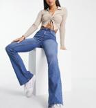 Pieces Tall Peggy High Rise Flared Jeans In Mid Blue Denim