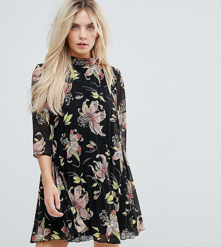 Asos Petite High Neck Pleated Mini Floral Dress - Multi