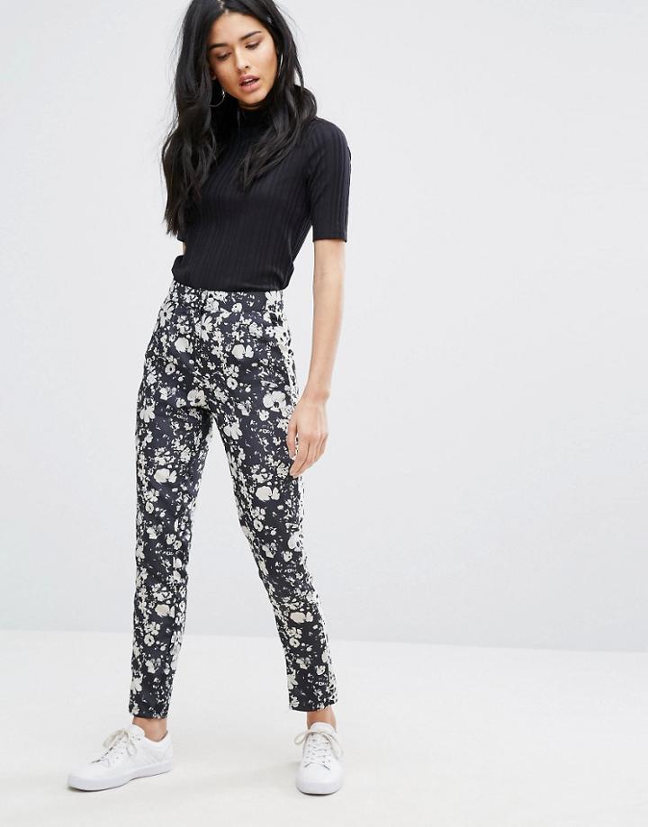 Daisy Street Floral Print Pants - Black