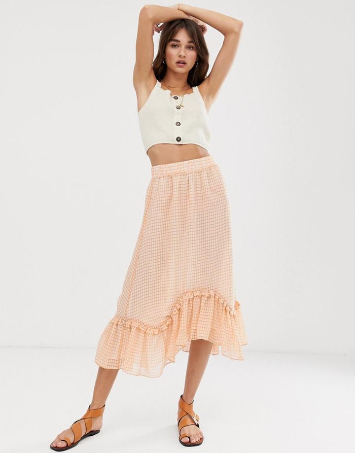 Only Sheer Check Midi Skirt With Ruffle Hem - White