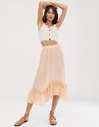 Only Sheer Check Midi Skirt With Ruffle Hem - White