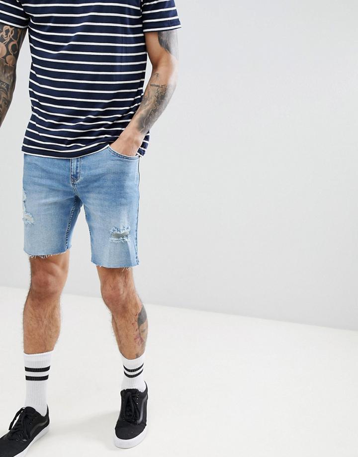 Bershka Slim Fit Denim Shorts In Light Blue - Blue