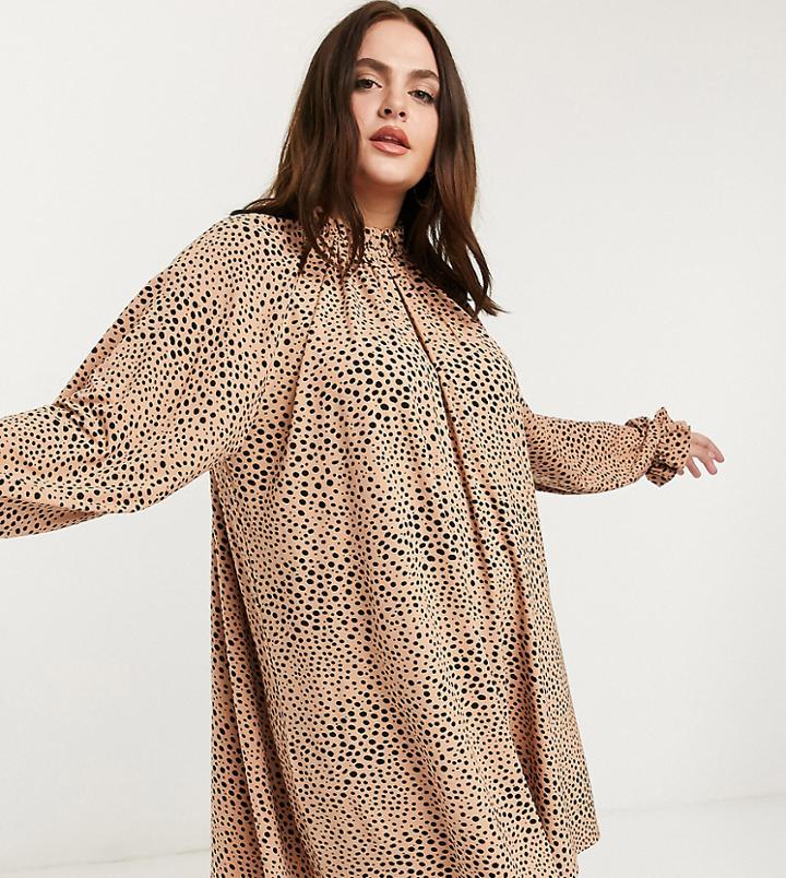 Asos Design Curve Mini Dress With Frill Neck Spot Swing Dress In Camel And Black Spot-brown