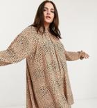 Asos Design Curve Mini Dress With Frill Neck Spot Swing Dress In Camel And Black Spot-brown