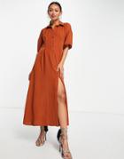 Asos Design Button Through Waist Midi Shirt Dress In Rust-red