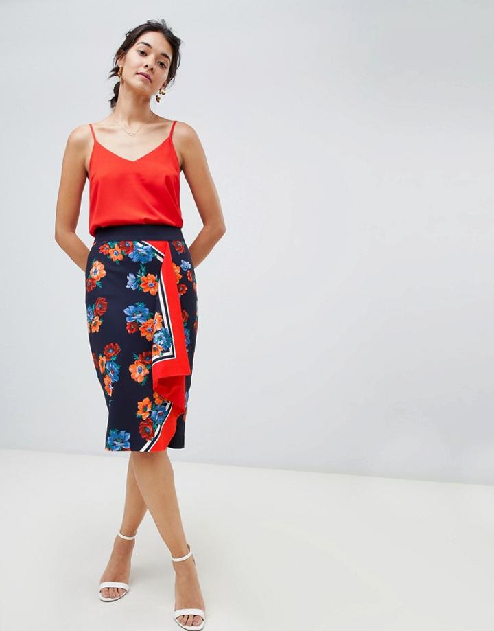 Oasis Midi Pencil Skirt In Scarf Print - Multi