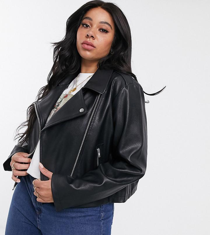 Asos Design Curve Ultimate Leather Look Biker Jacket In Black