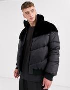 Asos Design Puffer Jacket In Black With Fur Panel