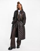 Asos Design Hero Faux Leather Quilted Trench Coat In Brown